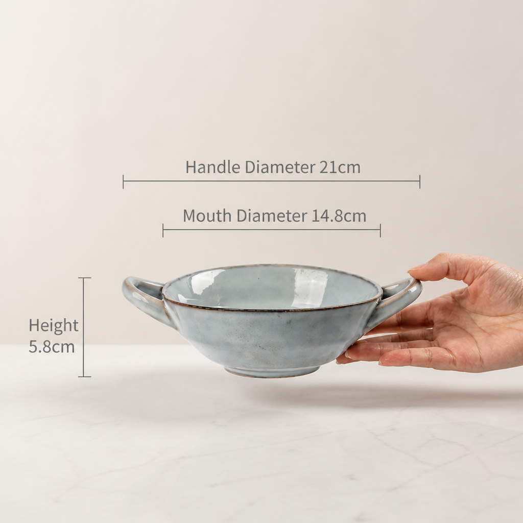 Thick Ceramic Double Handle Bowl Handled Serving Bowl