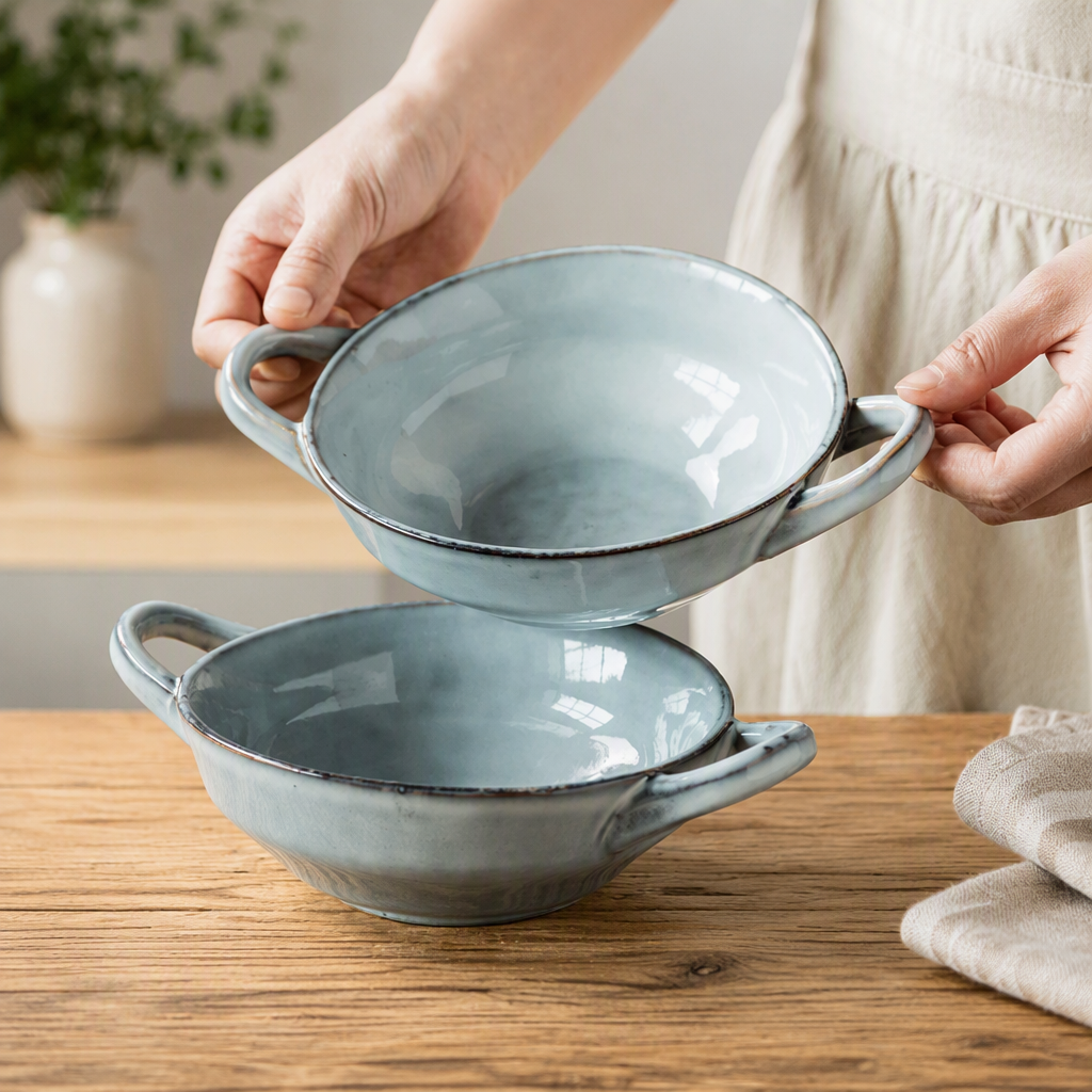 Thick Ceramic Double Handle Bowl Handled Serving Bowl
