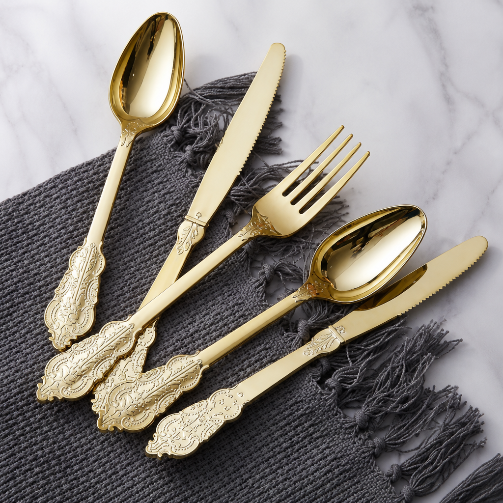 Vintage Gold Disposable Plastic Forks and Spoons
