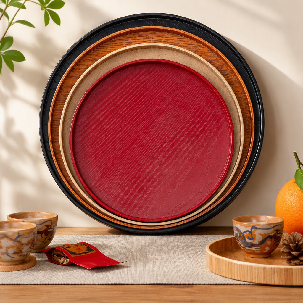 Red Round Wooden Serving Tray