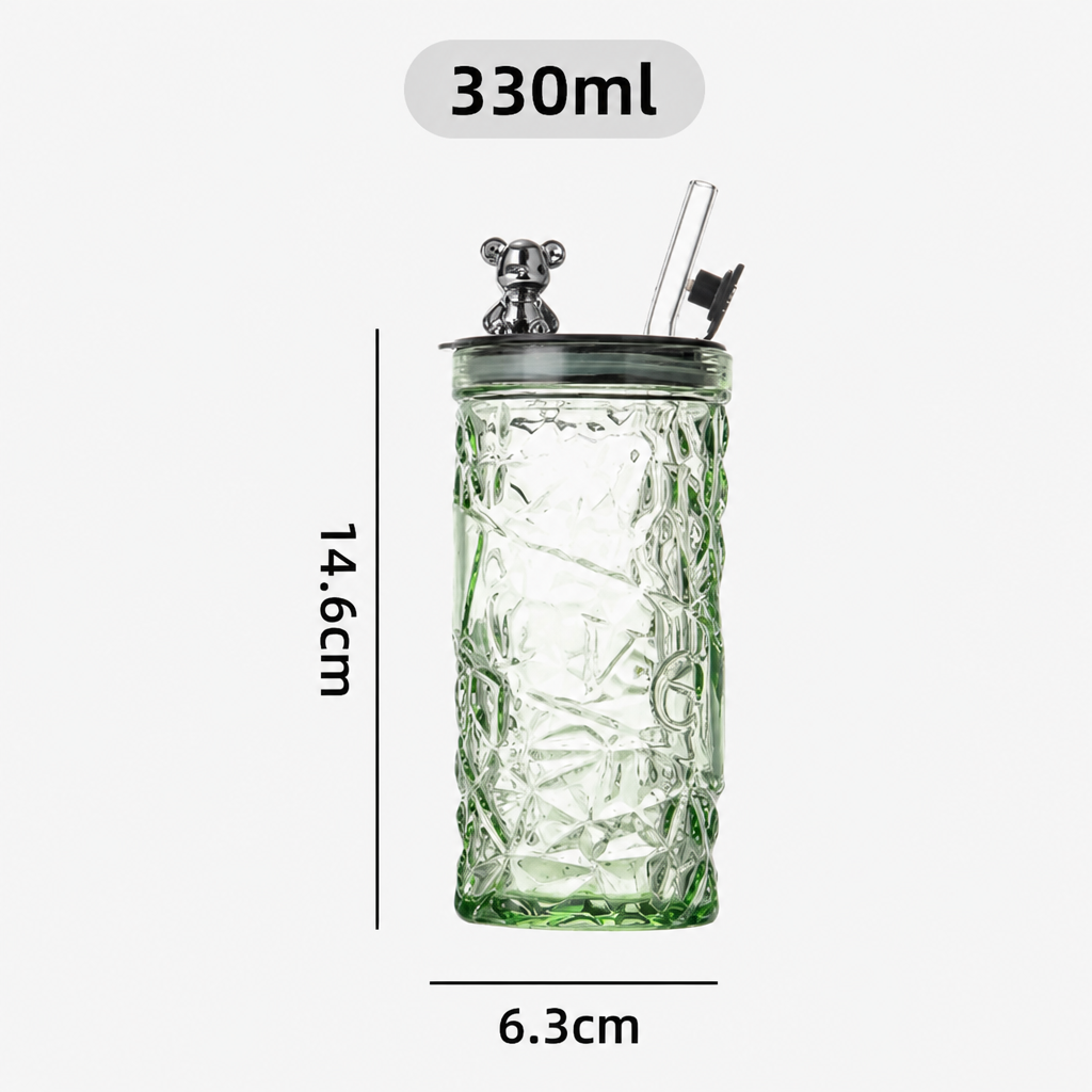 Bear Lid Glass Tumbler with Straw