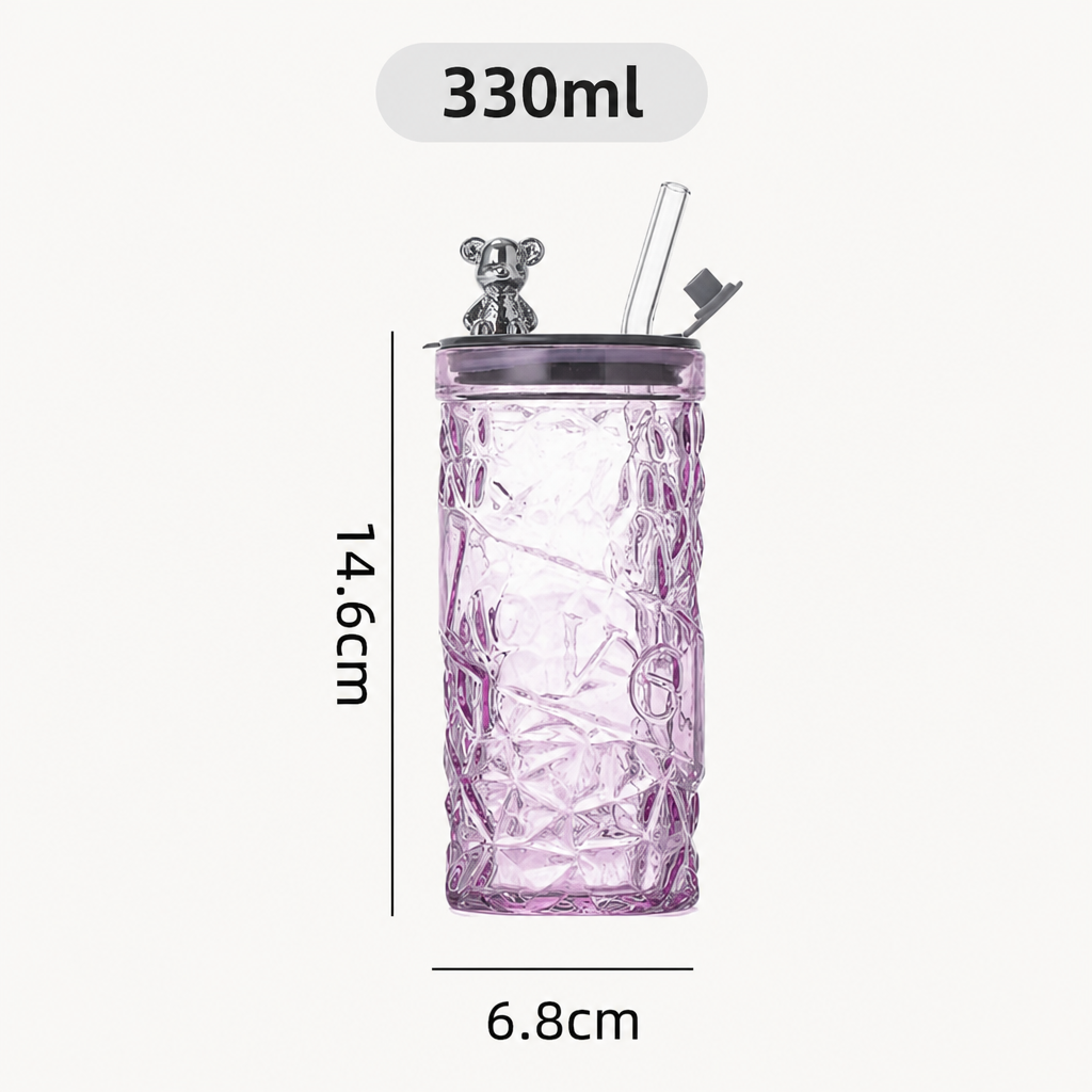 Bear Lid Glass Tumbler with Straw