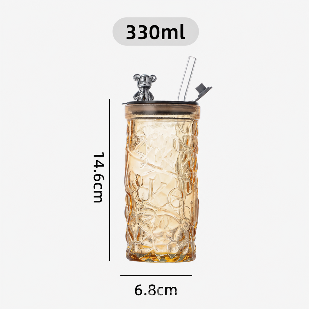 Bear Lid Glass Tumbler with Straw