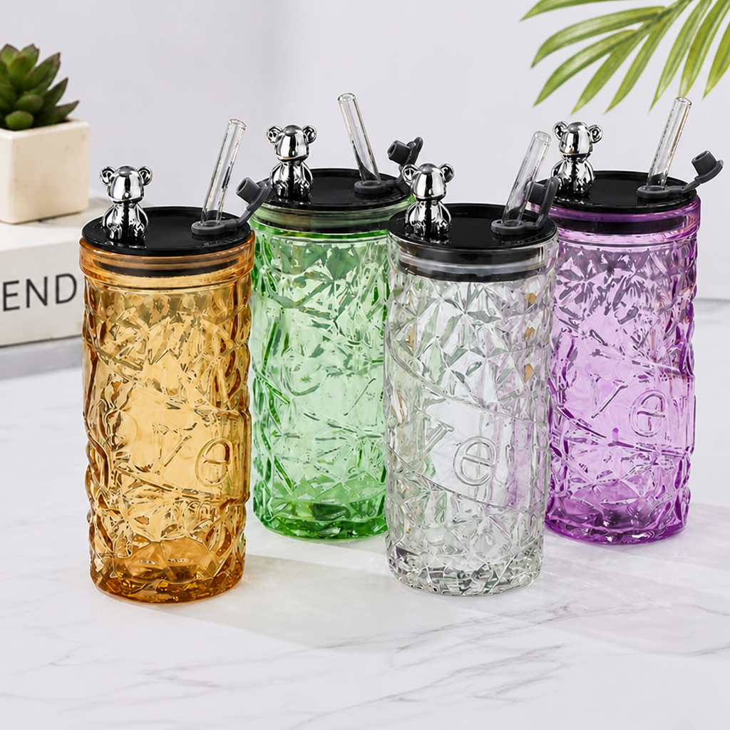 Bear Lid Glass Tumbler with Straw
