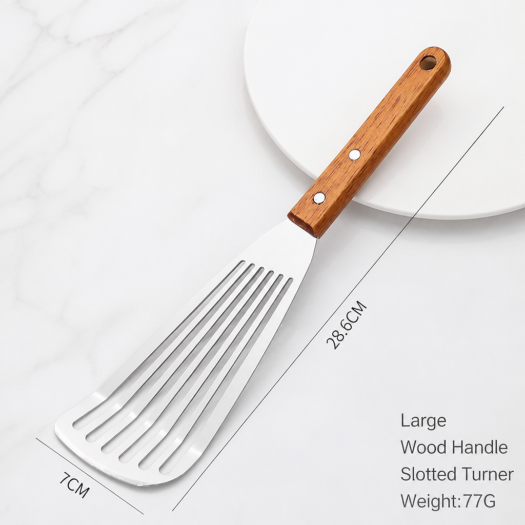 Stainless Steel Teppanyaki Spatula with Wooden Handle Slotted Griddle Turner