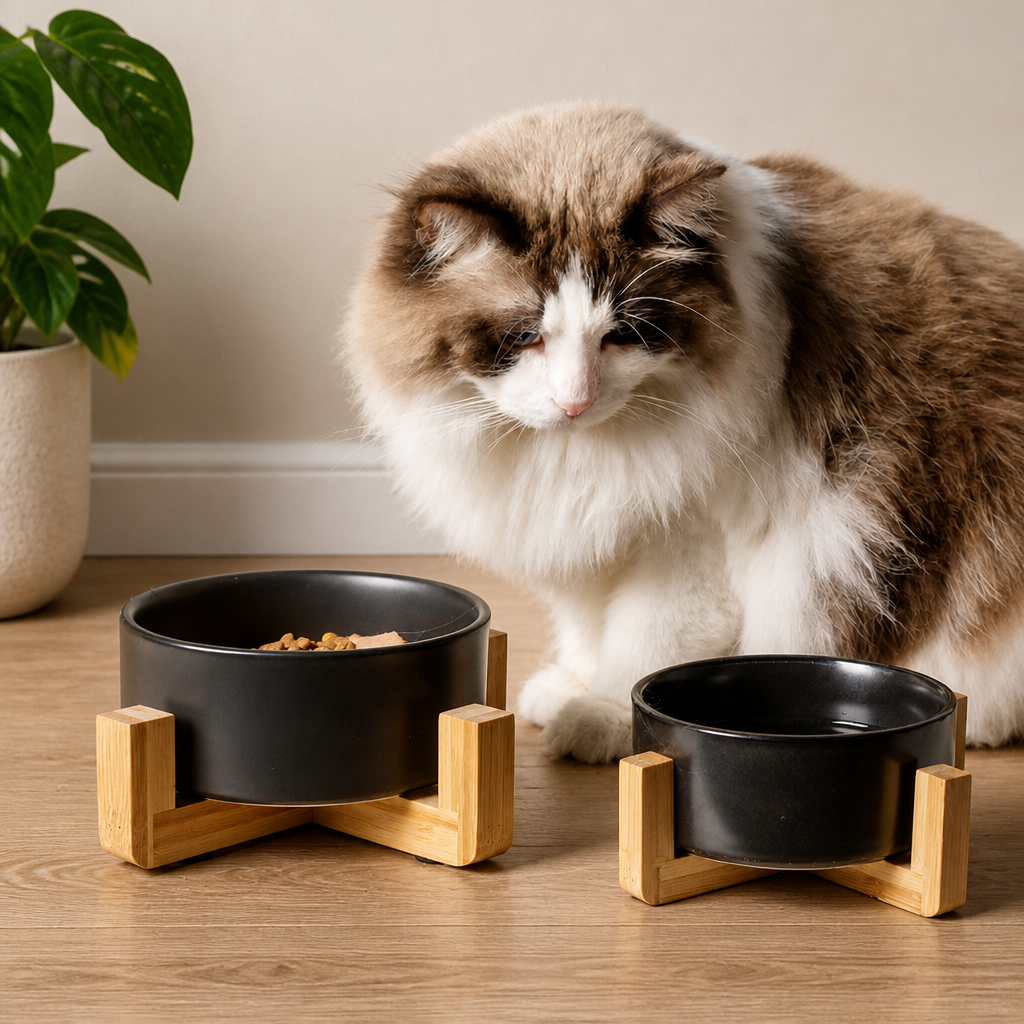 Black Ceramic Cat Food and Water Bowl with Wooden Stand Elevated Pet Feeding Dish