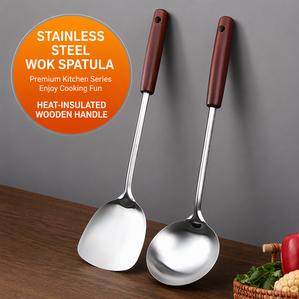 Stainless Steel Wok Spatula or Ladle with Wooden Handle