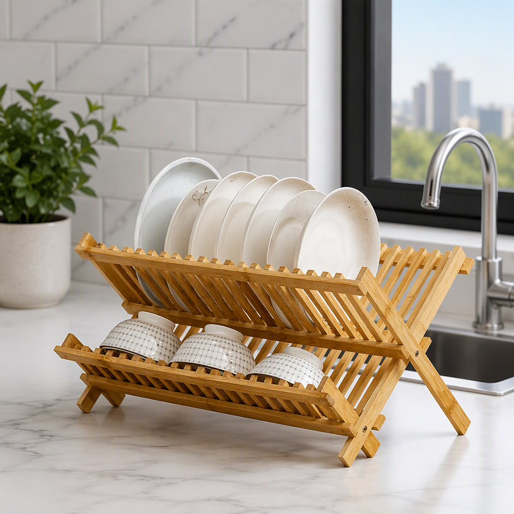Foldable Bamboo Dish Drying Rack for Kitchen Countertop