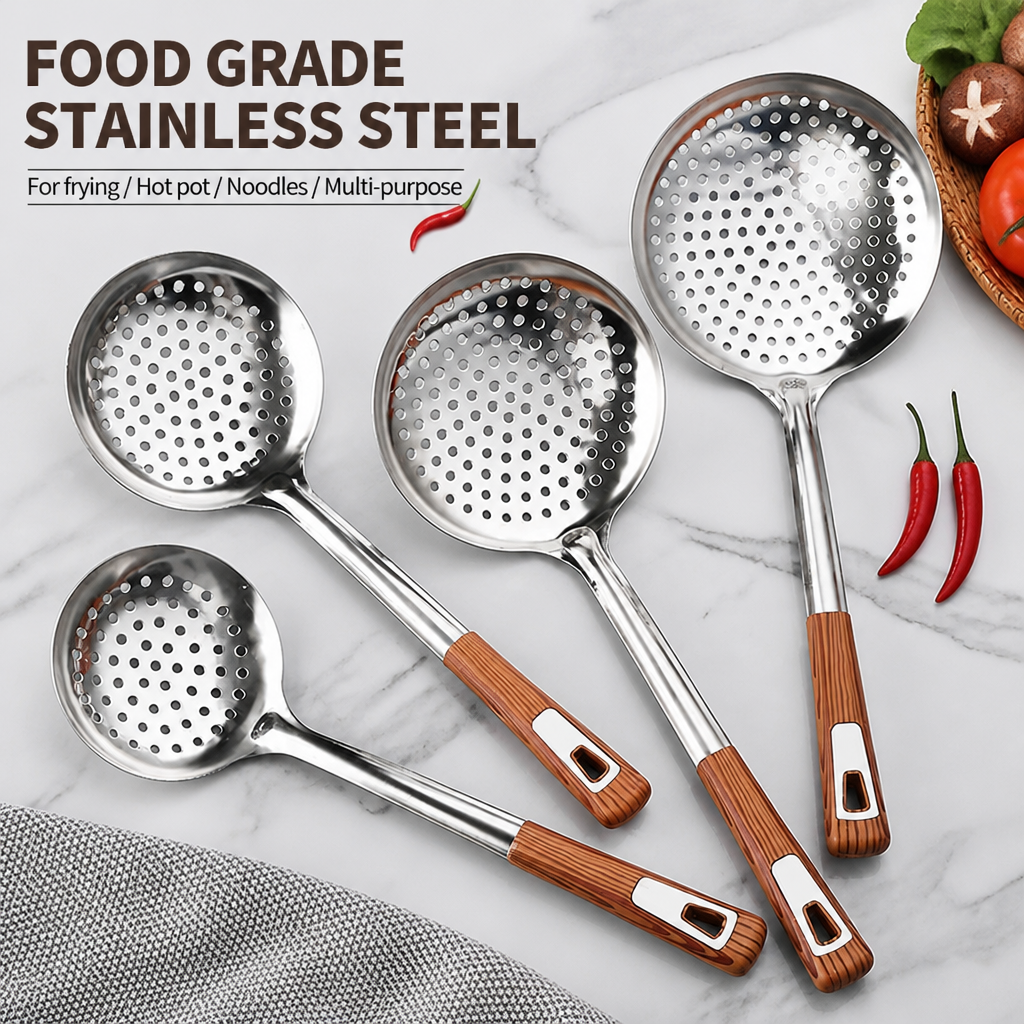 Heavy Duty Stainless Steel Skimmer Spoon with Wood Grain Handle