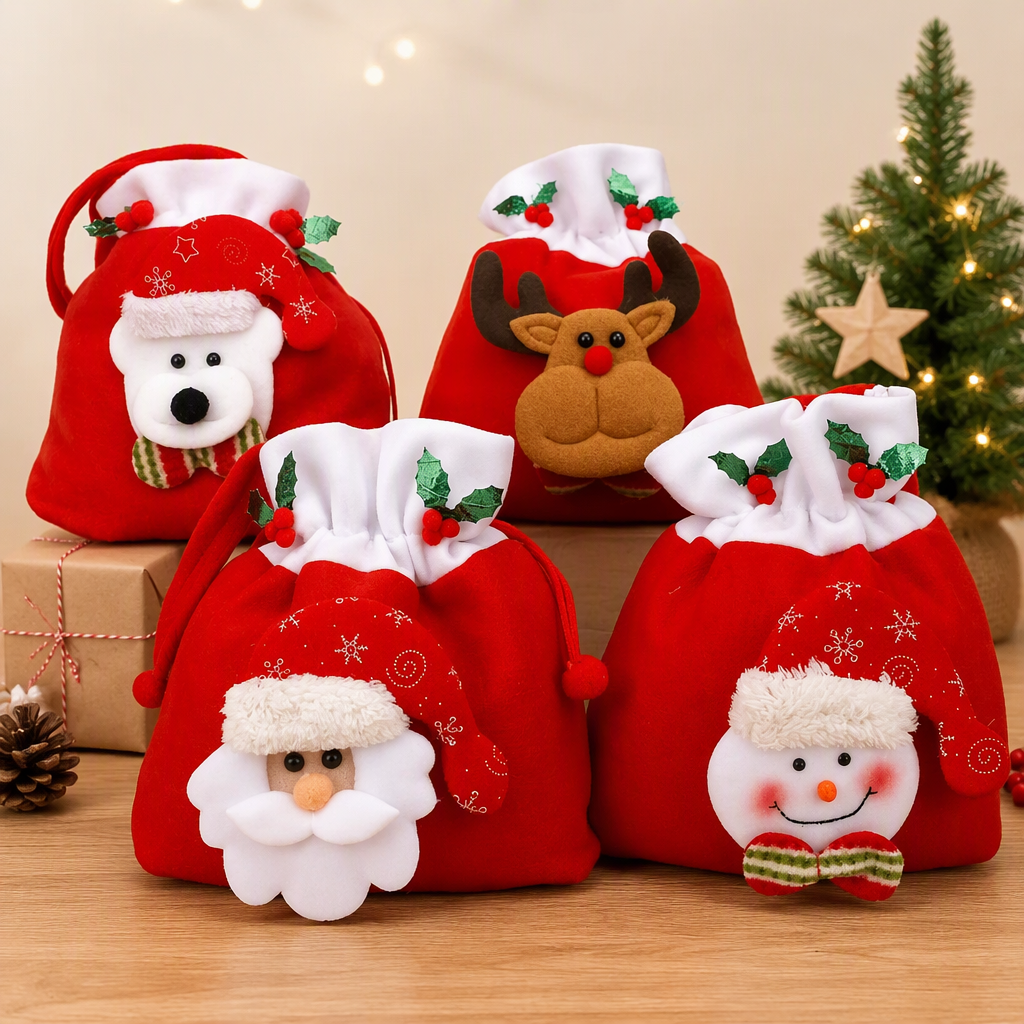 Christmas Plush Drawstring Gift Bag Santa Snowman Reindeer Apple Candy Storage Pouch
