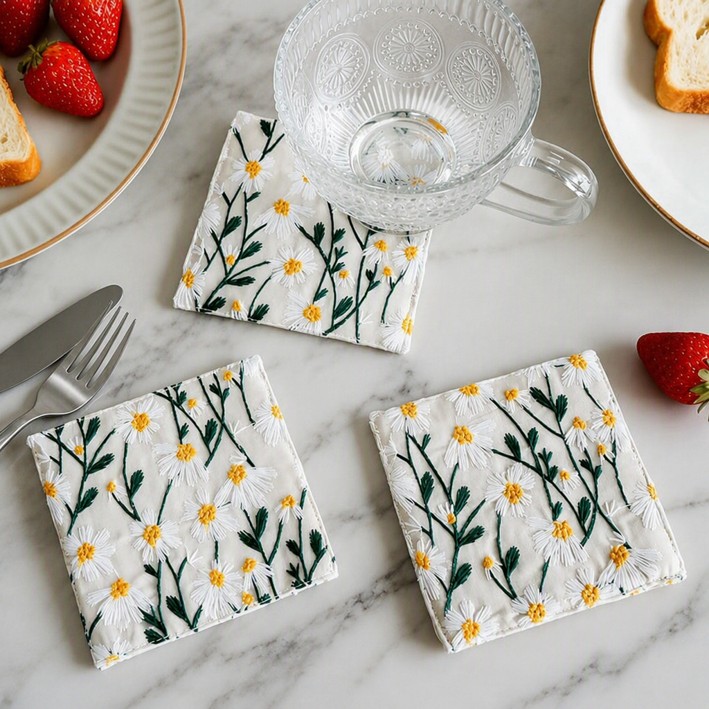 Cotton Linen Daisy Floral Coaster Square Fabric Drink Mat Tabletop Decoration
