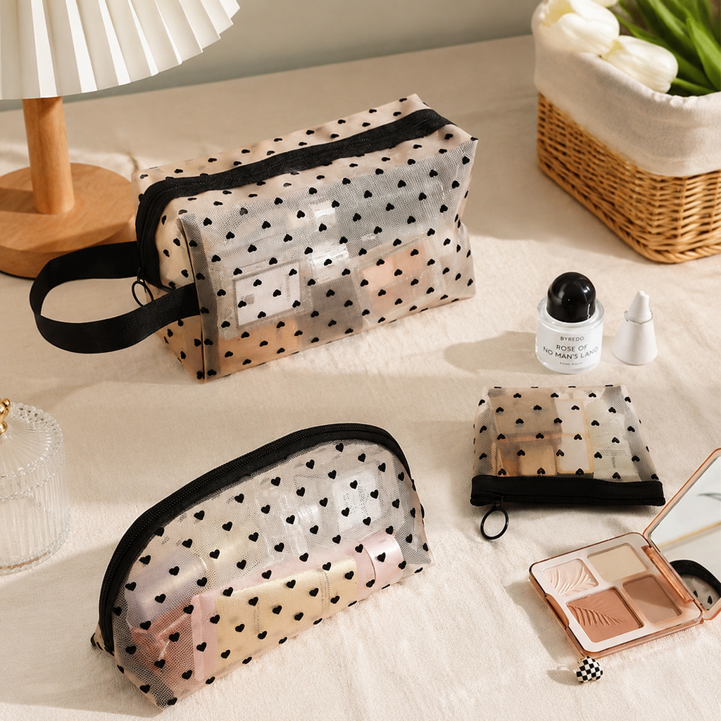 Heart Print Mesh Makeup Bag Large Capacity Portable Cosmetic Organizer Pouch
