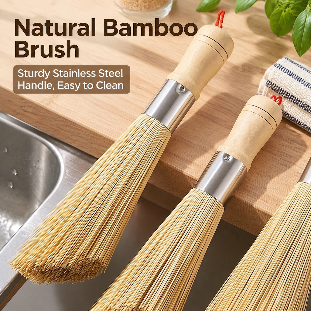 Natural Bamboo Pot Cleaning Brush Long Handle Kitchen Dish Scrubber