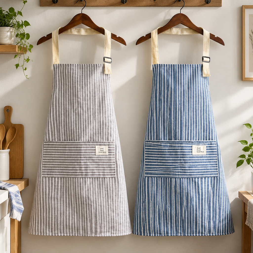 Cotton Linen Striped Kitchen Apron Adjustable Cooking Apron with Front Pockets