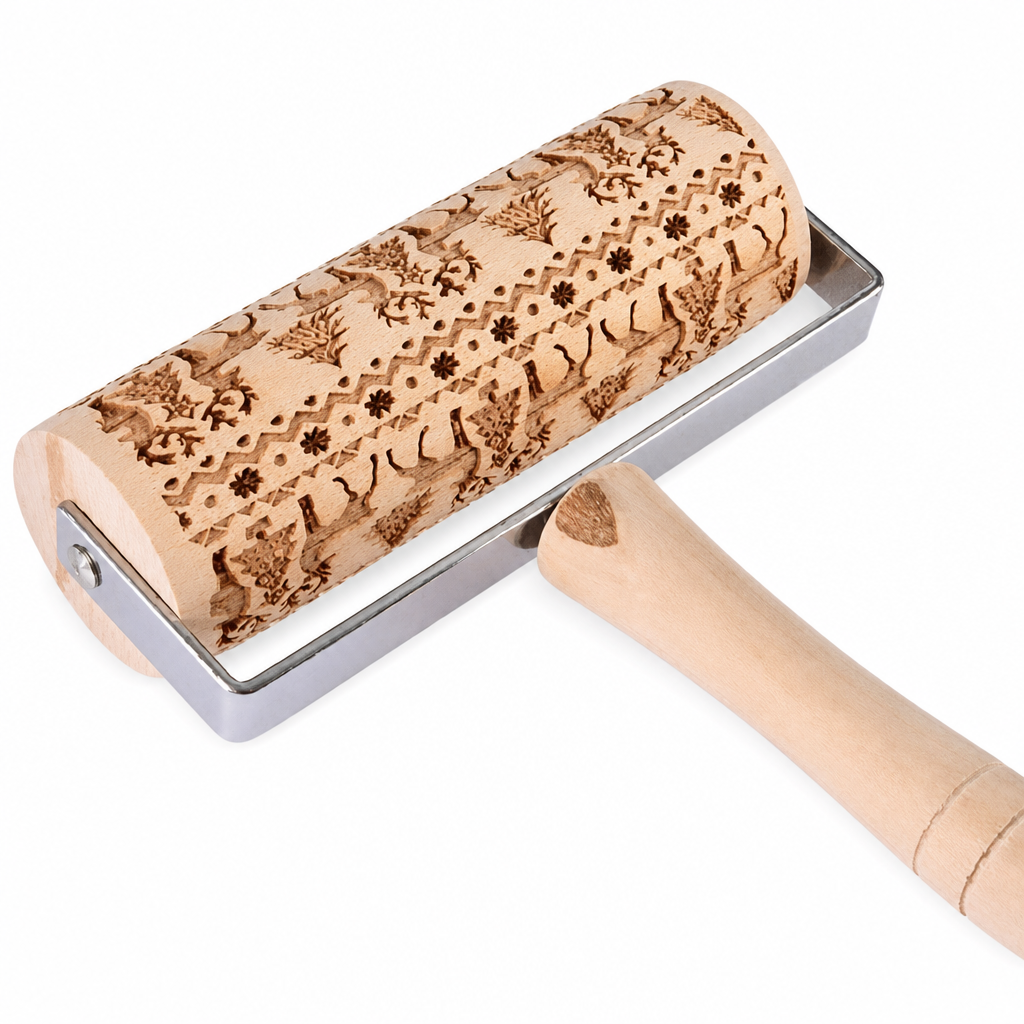 Wooden Embossed Rolling Pin with Decorative Baking Patterns