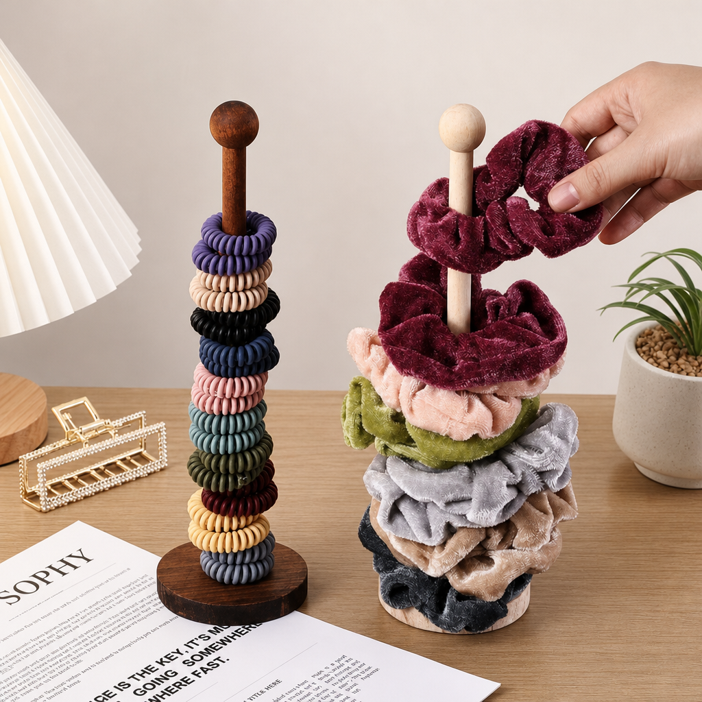 Natural Wooden Hair Scrunchie Holder Stand