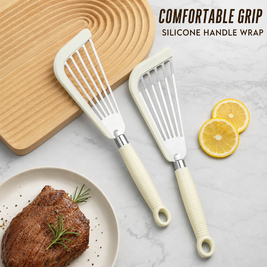 Stainless Steel Fish Spatula with Silicone Handle for Frying and Cooking