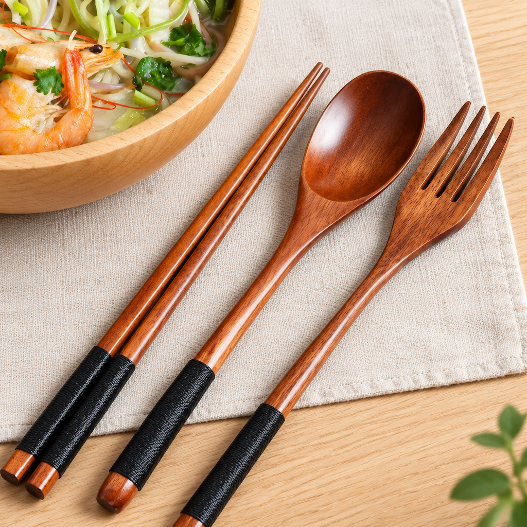Wooden Cutlery Set with Spoon Fork and Chopsticks