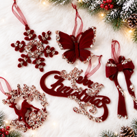 Christmas Glitter Velvet Wreath and Bow Hanging Ornaments