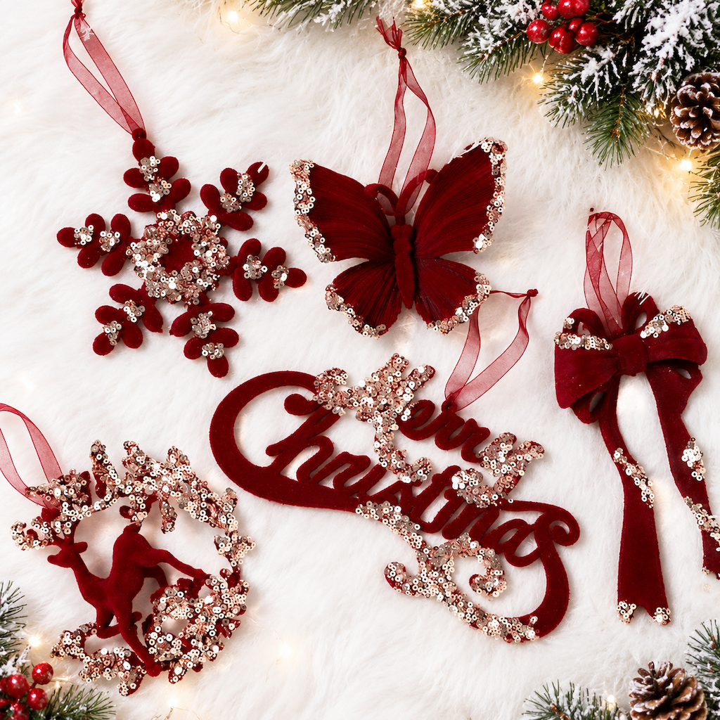 Christmas Glitter Velvet Wreath and Bow Hanging Ornaments