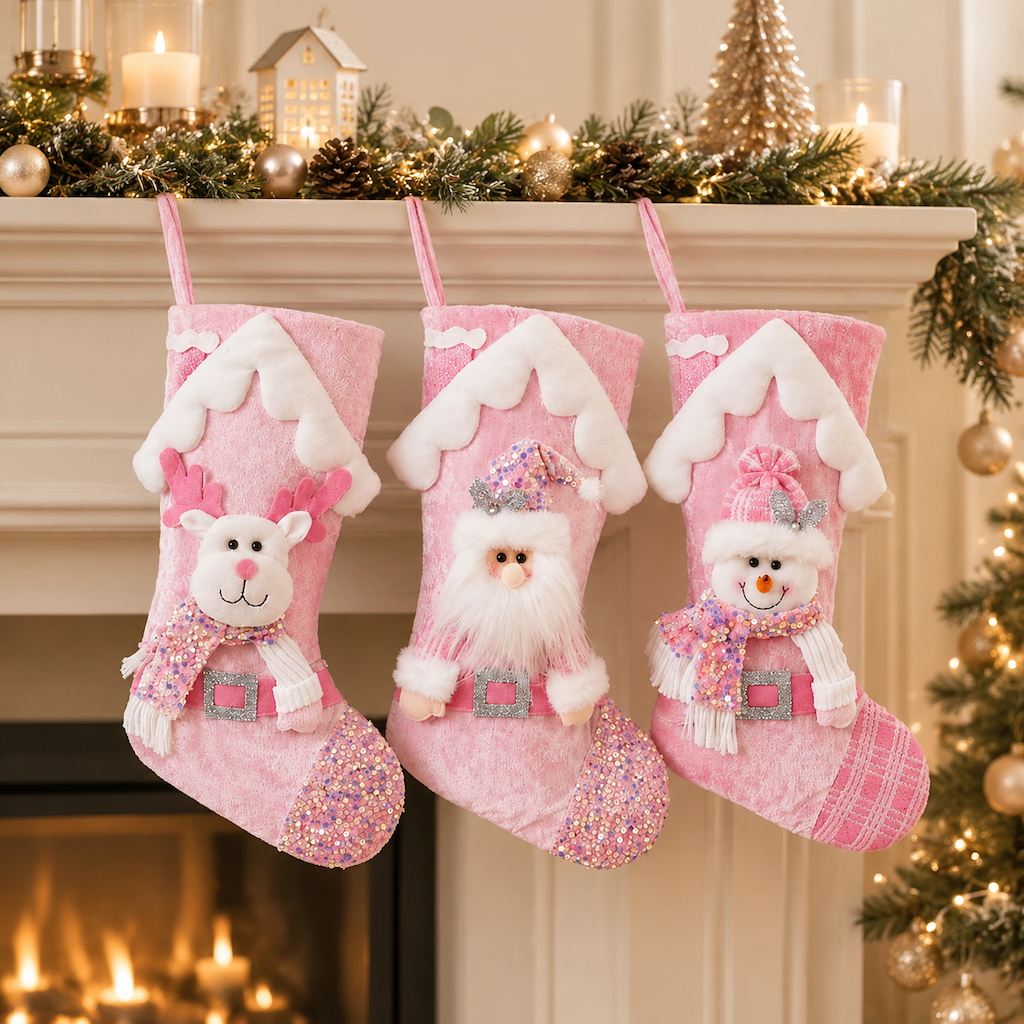 Pink Sequin Christmas Stocking Gift Bag with Plush Holiday Characters