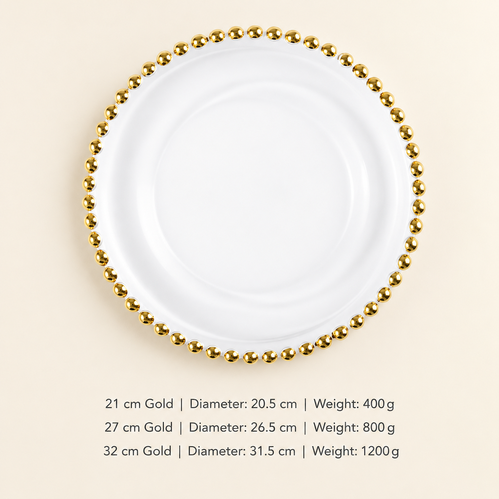 Gold Beaded Rim Glass Dinner Plate for Dining and Wedding Table Decor