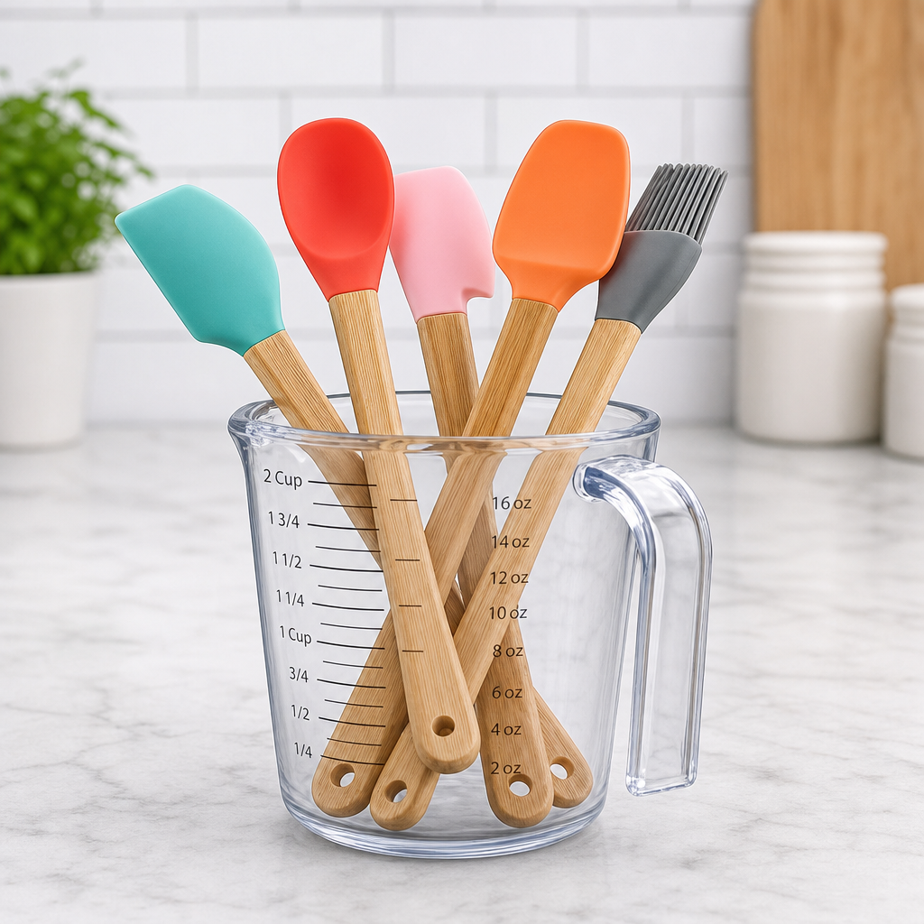 Mini Silicone Baking Utensil Set with Wooden Handles