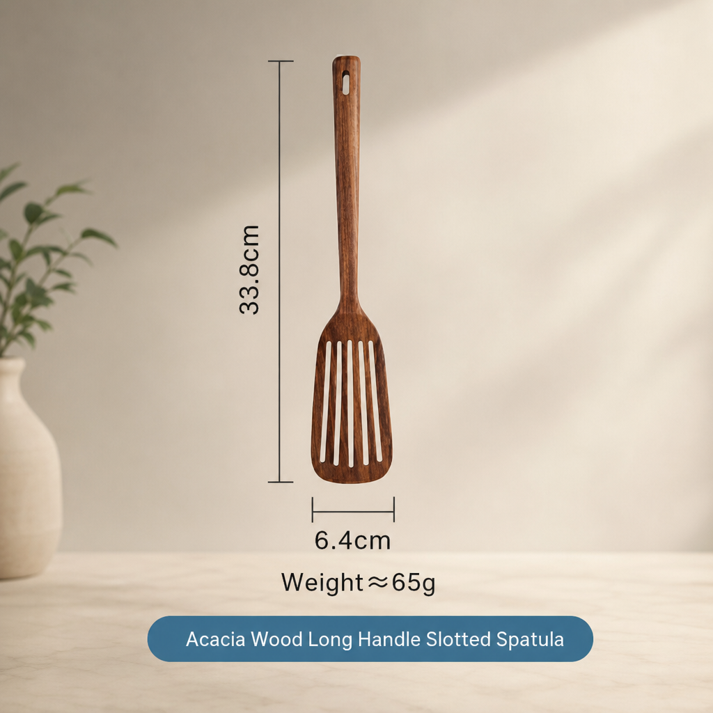 Long Handle Teak Wood Slotted Spatula for Cooking