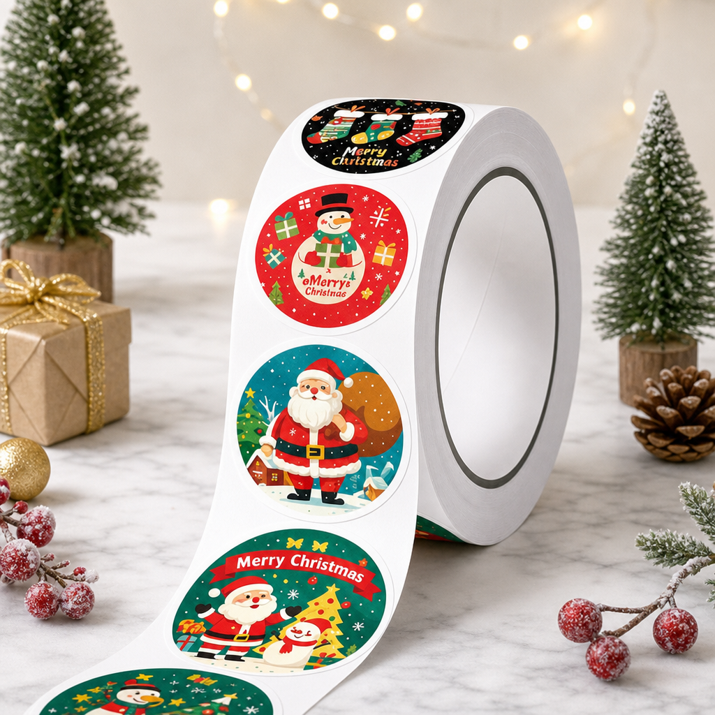Vintage Christmas Round Sticker Roll, Retro Santa Claus Holiday Adhesive Labels