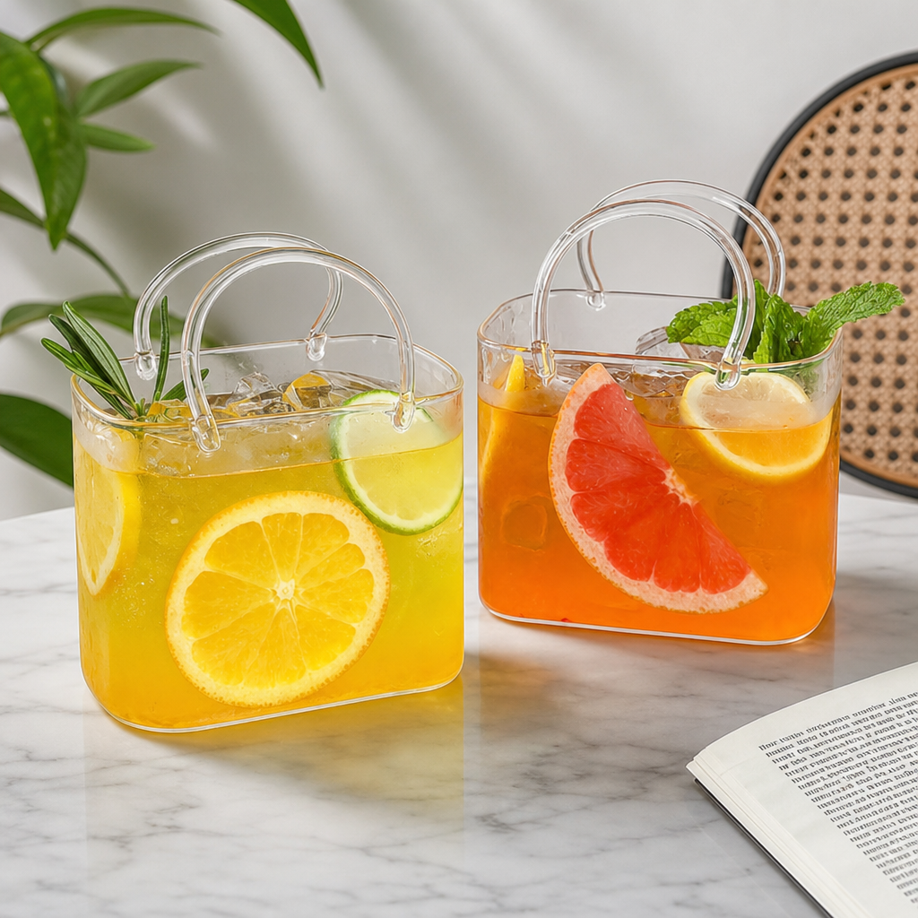 Portable Glass Cocktail Cup with Handle, Creative Summer Fruit Drink Glass