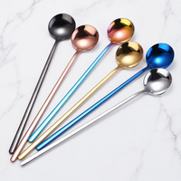 Long Handle Stainless Steel Ice Cream Spoon, Colorful Round Head Dessert Spoon
