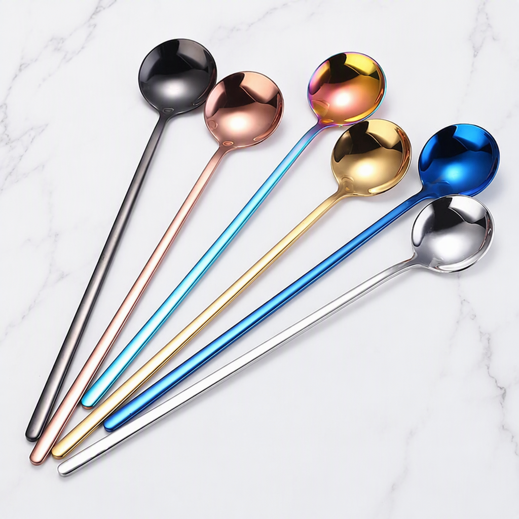Long Handle Stainless Steel Ice Cream Spoon, Colorful Round Head Dessert Spoon