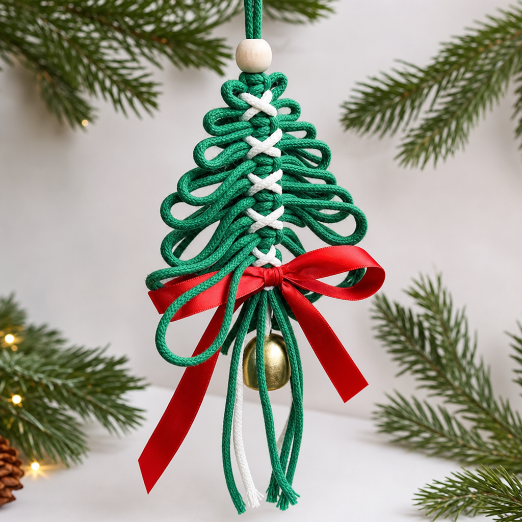 Handwoven Christmas Tree Ornament Macrame Holiday Hanging Decoration
