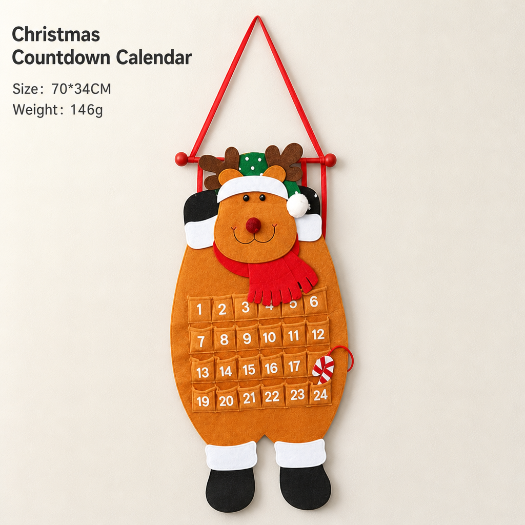 Christmas Felt Countdown Calendar Santa Snowman Reindeer Hanging Decoration
