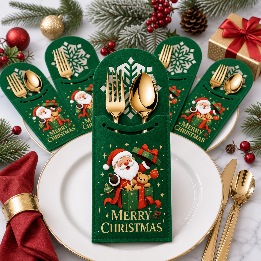 Christmas Felt Cutlery Holder Santa Claus Silverware Pocket Holiday Table Decoration