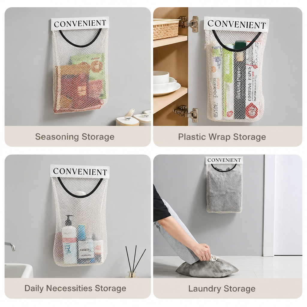 Adhesive Kitchen Mesh Storage Bag Hanging Cabinet Organizer Trash Holder