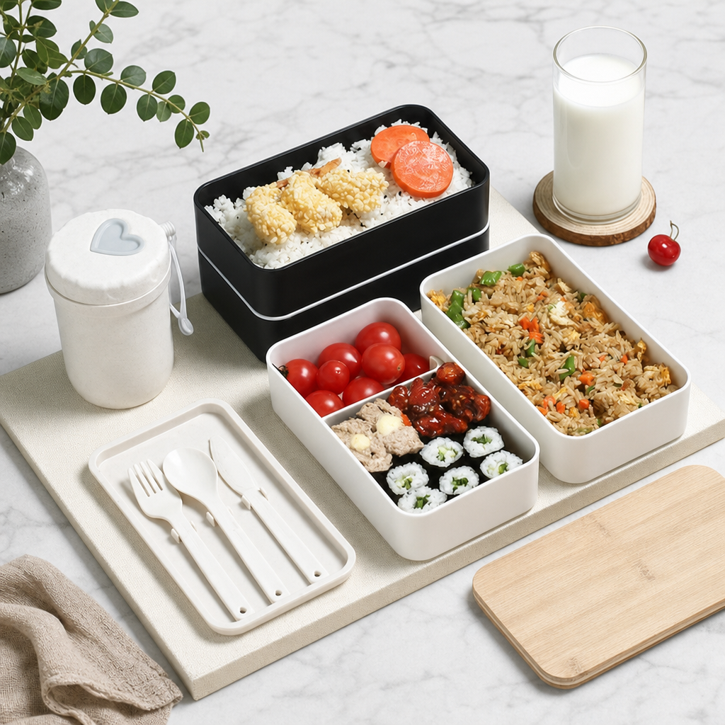 Double Layer Bento Lunch Box Bamboo Lid Microwave Safe Food Container