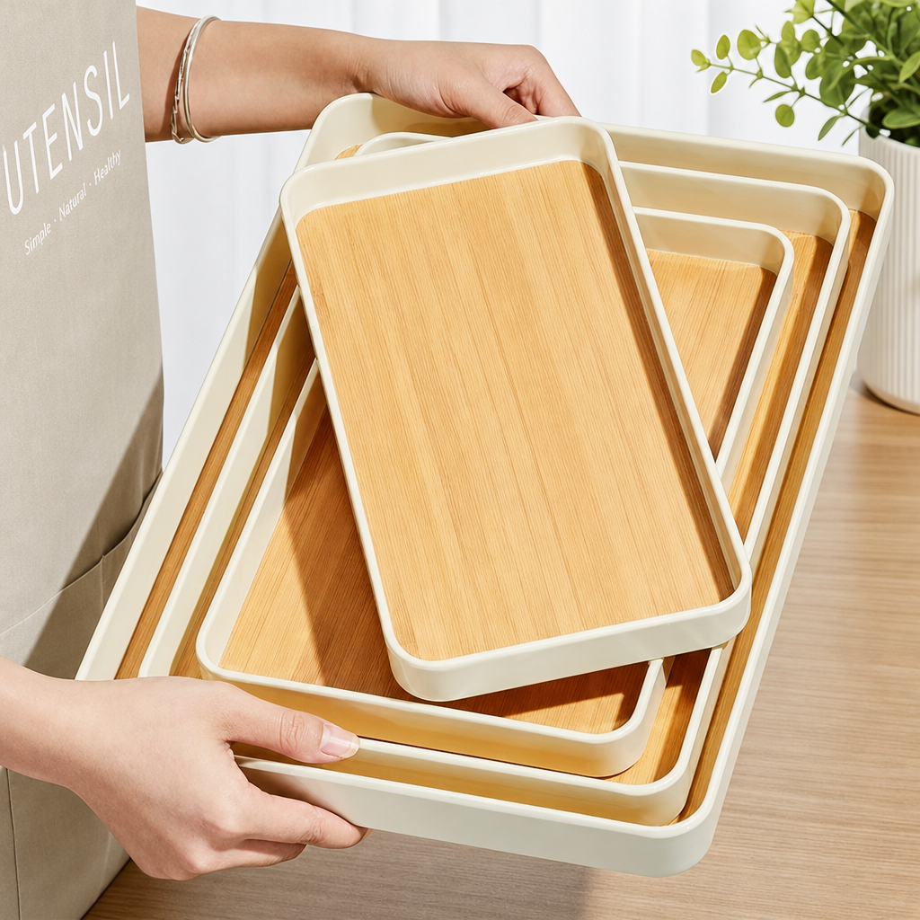 Rectangular Wood Grain Serving Tray Lightweight Decorative Tea Coffee Tray