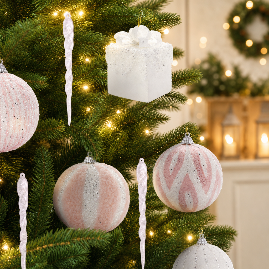 18 Piece Pink Christmas Ball Ornament Set Shatter Resistant Foam Tree Decorations