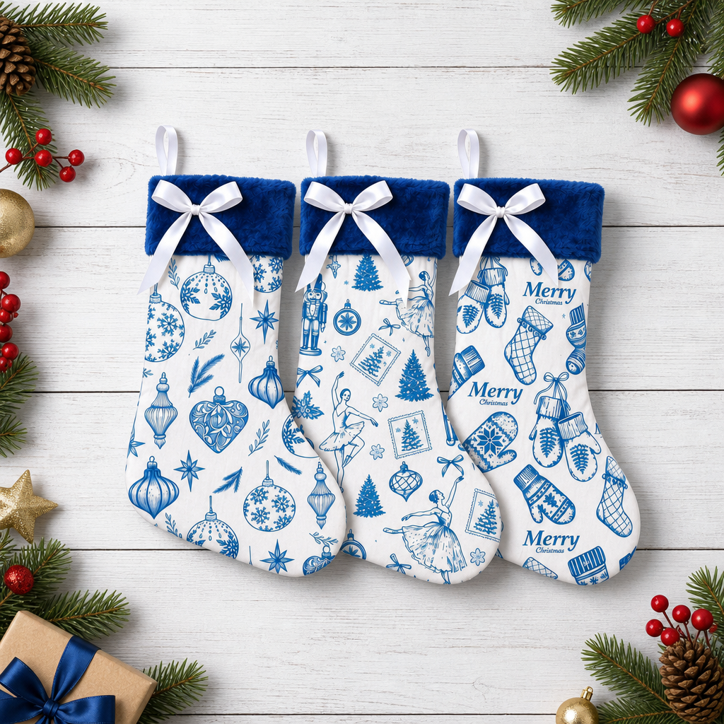Royal Blue Plush Christmas Stocking with Bow Festive Hanging Gift Bag