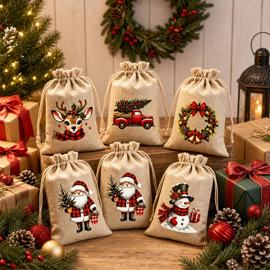 Christmas Burlap Drawstring Gift Bag Rustic Reindeer Santa Snowman Holiday Candy Favor Packaging Pouch