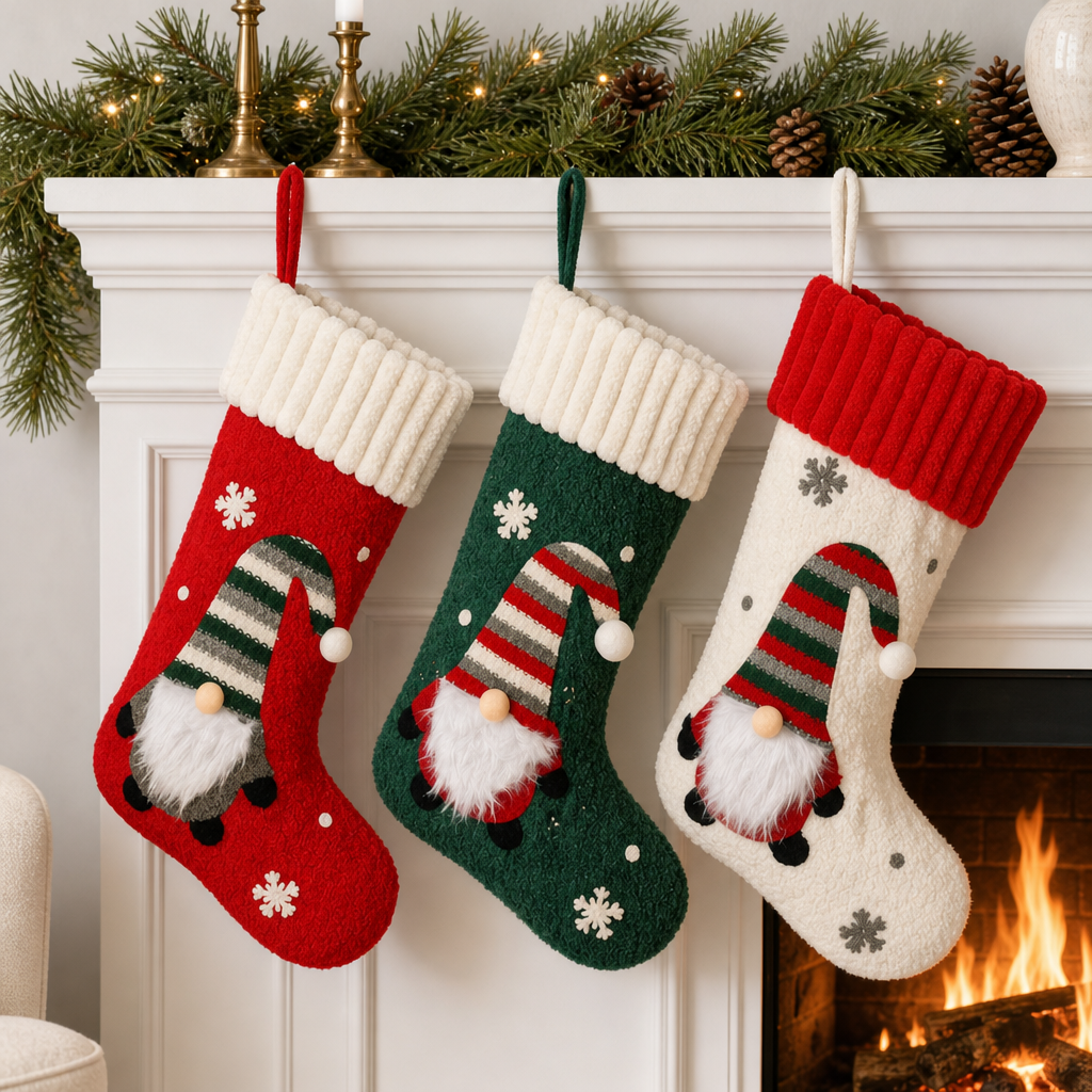 Embroidered Christmas Stocking with Santa Claus Plush Holiday Gift Bag