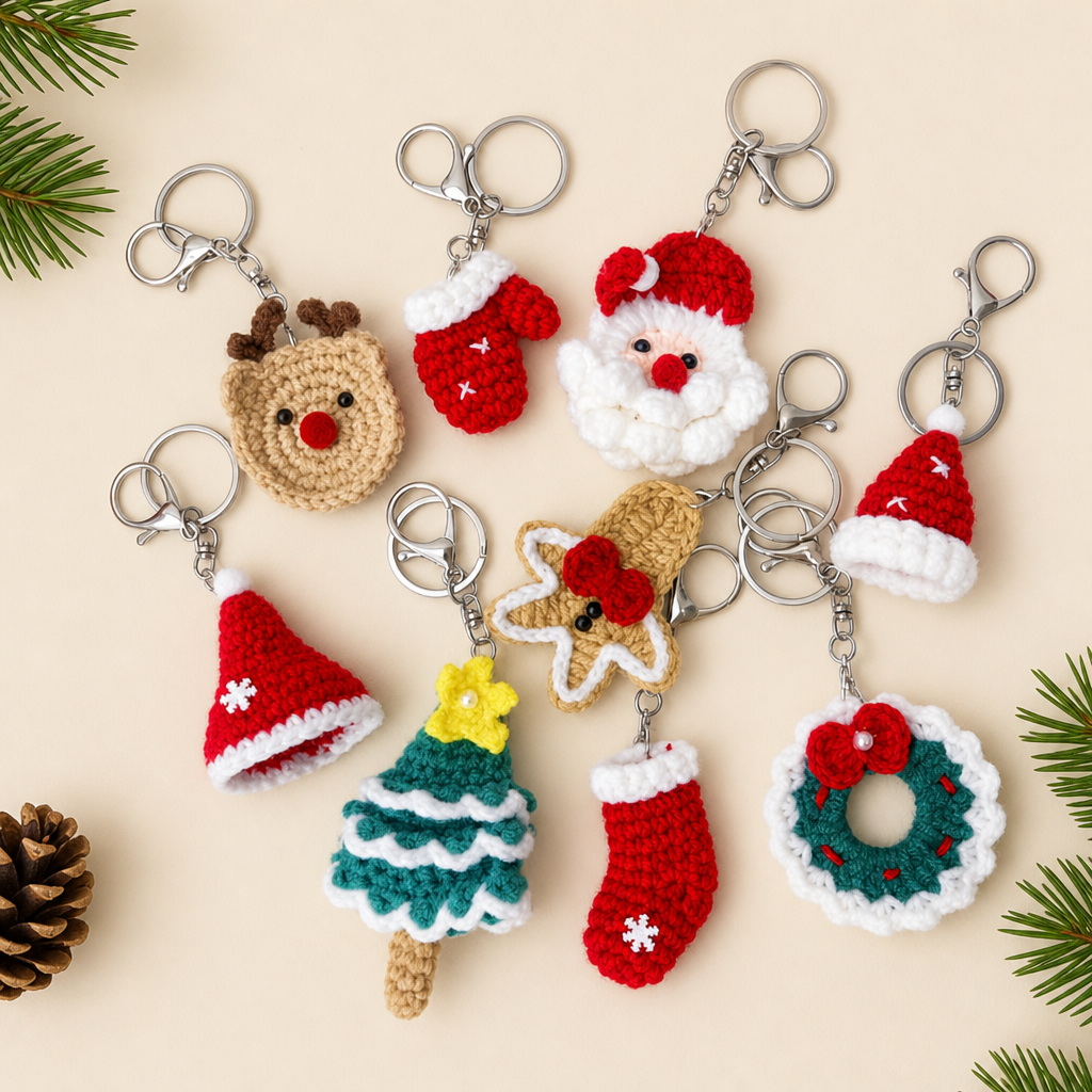 Handmade Crochet Christmas Keychain Cute Santa Snowman Tree Ornament