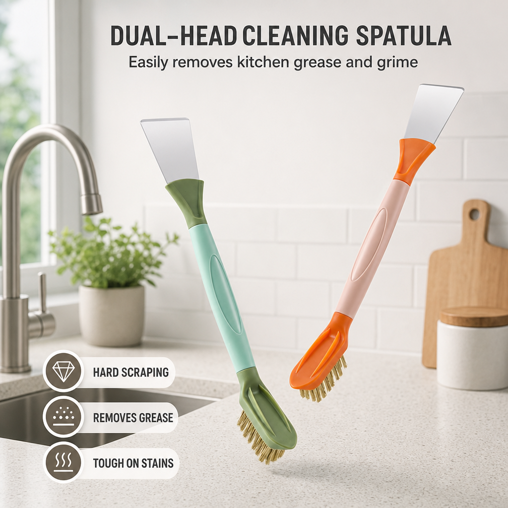 Dual Head Kitchen Cleaning Brush with Scraper Stove Gap Grout Scrubbing Tool