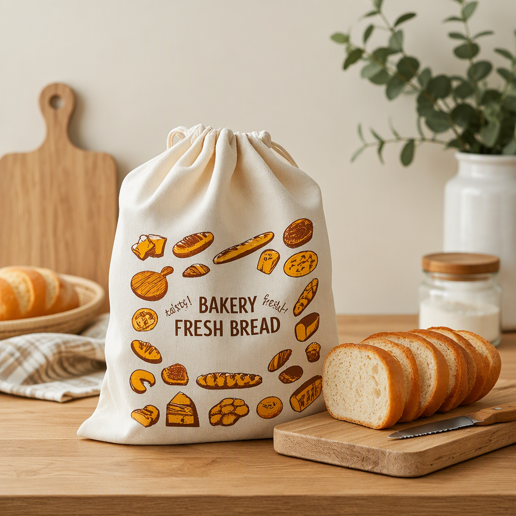 Reusable Cotton Linen Bread Storage Bag Drawstring Bakery Baguette Bag