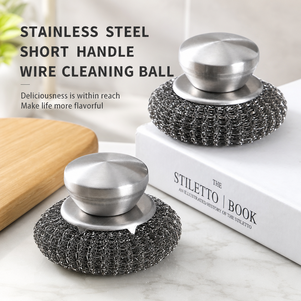 Stainless Steel Pot Scrubber with Ergonomic Metal Handle Heavy Duty Kitchen Cleaning Brush