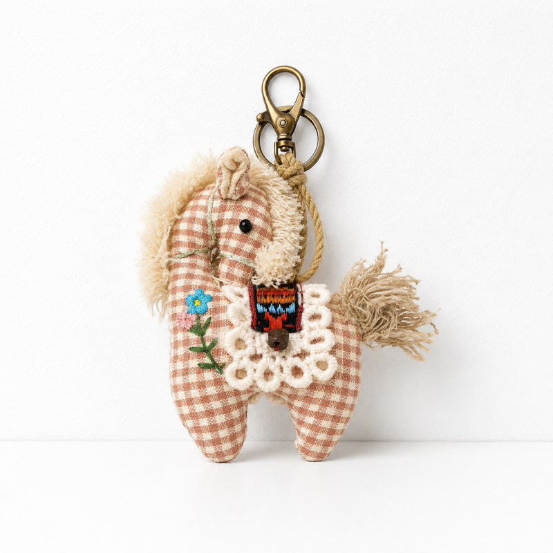 Vintage Horse Bag Charm – Cotton Linen Pony Pendant, Embroidered Animal Keychain for Backpack & Purse