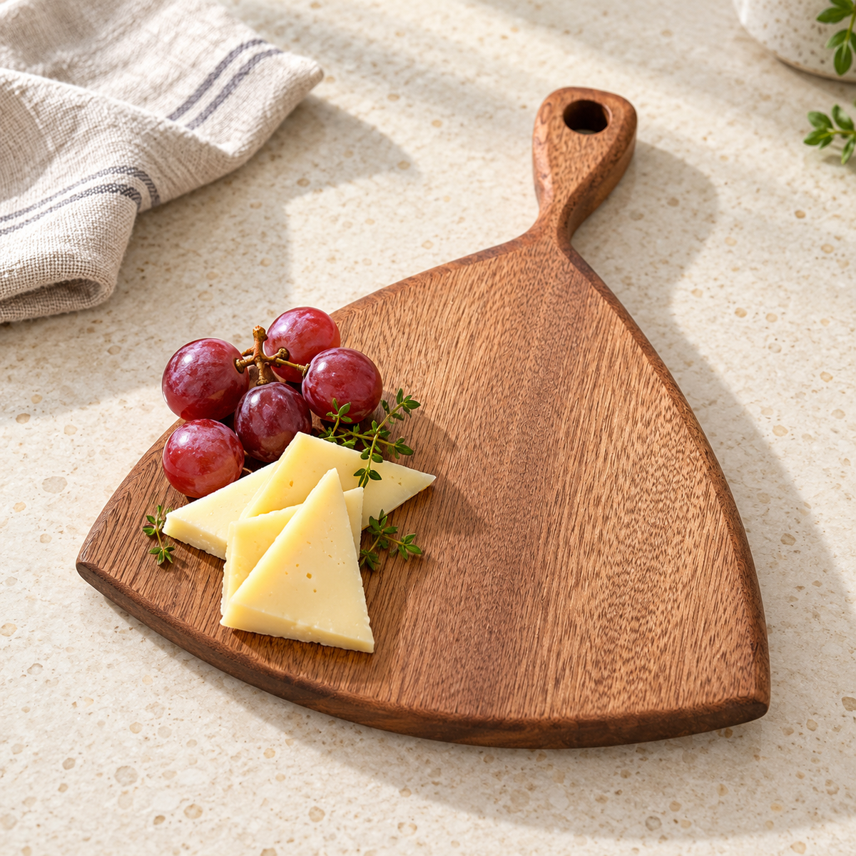 Fan Shaped Wooden Cutting and Serving Board with Hanging Handle