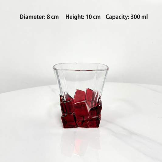 Color Block Whiskey Glass – 300ml Sculptural Glass Tumbler, Geometric Ice Cube Design for Juice, Water & Cocktails