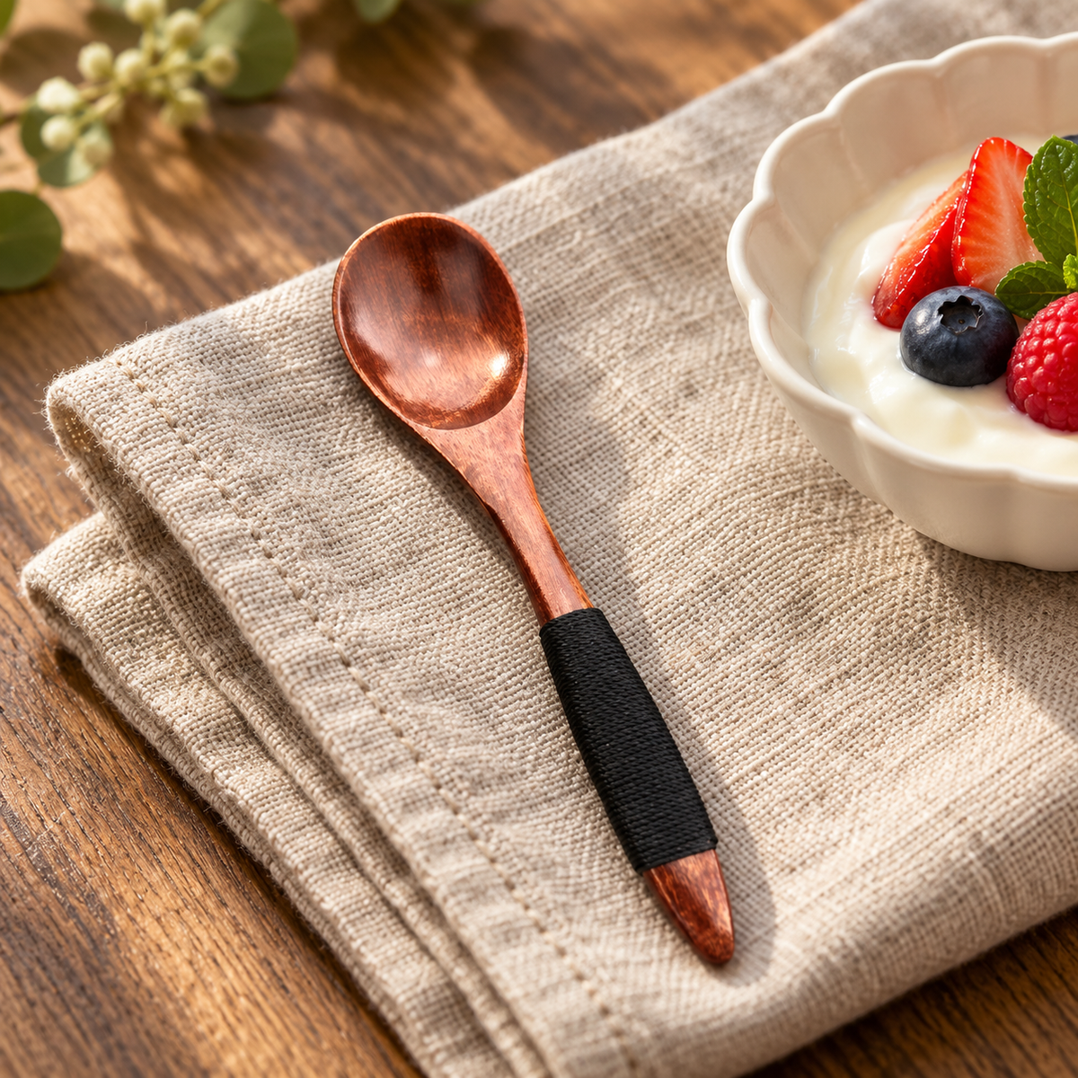 Small Rosewood Dessert Spoon with Black Cord Wrapped Handle